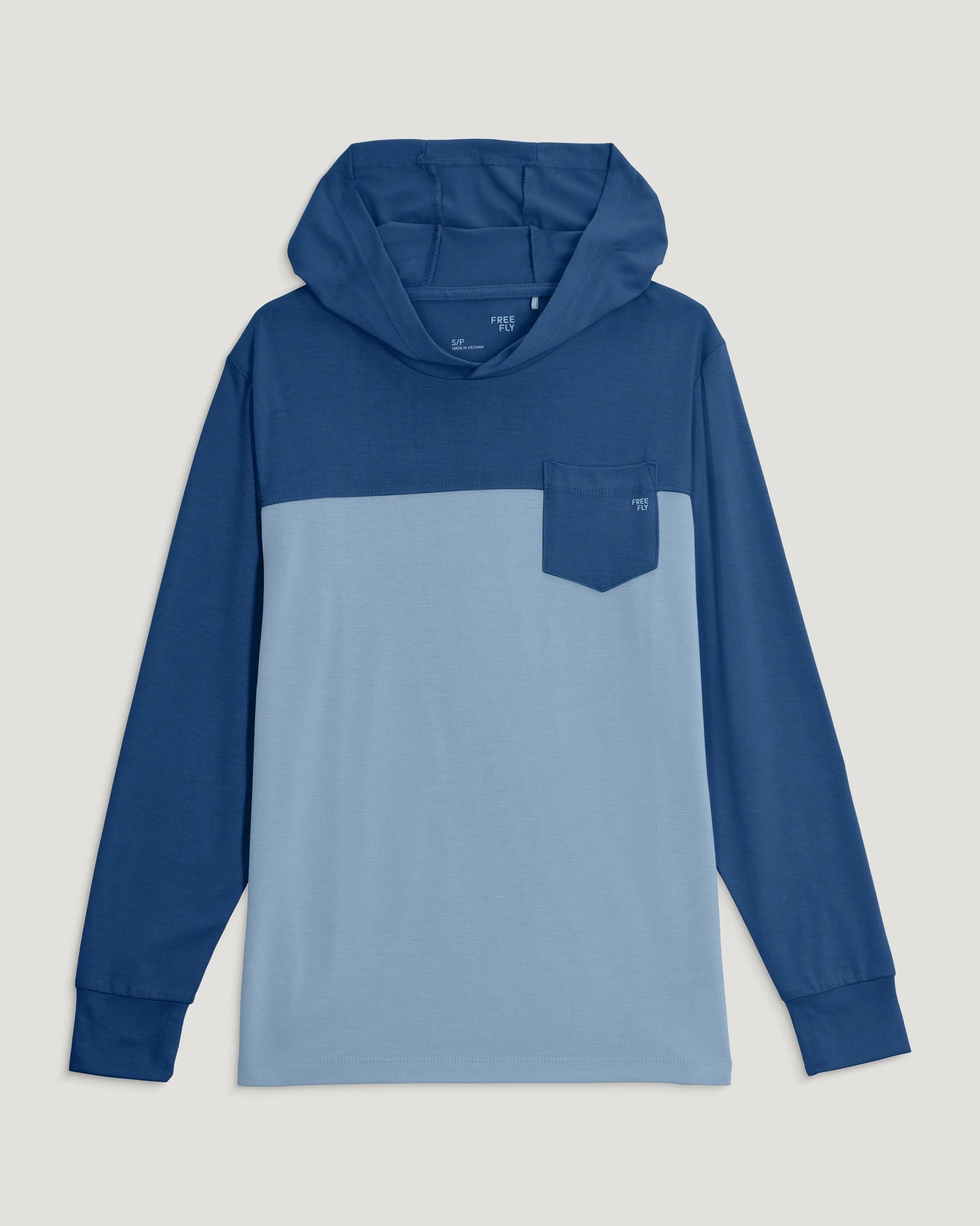Youth colorblock hoodie with navy sleeves and hood, light blue body panel, chest pocket
