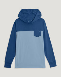 Youth colorblock hoodie with navy sleeves and hood, light blue body panel, chest pocket