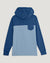 Youth colorblock hoodie with navy sleeves and hood, light blue body panel, chest pocket