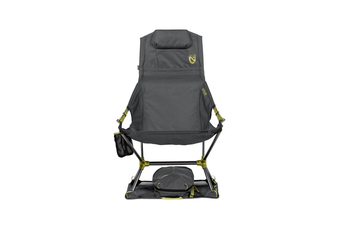 High-back reclining camp chair in dark grey with yellow-green accents, front view, with cup holder