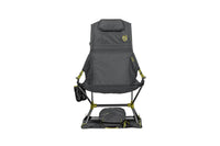 High-back reclining camp chair in dark grey with yellow-green accents, front view, with cup holder