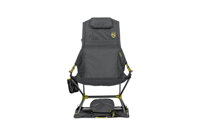 High-back reclining camp chair in dark grey with yellow-green accents, front view, with cup holder