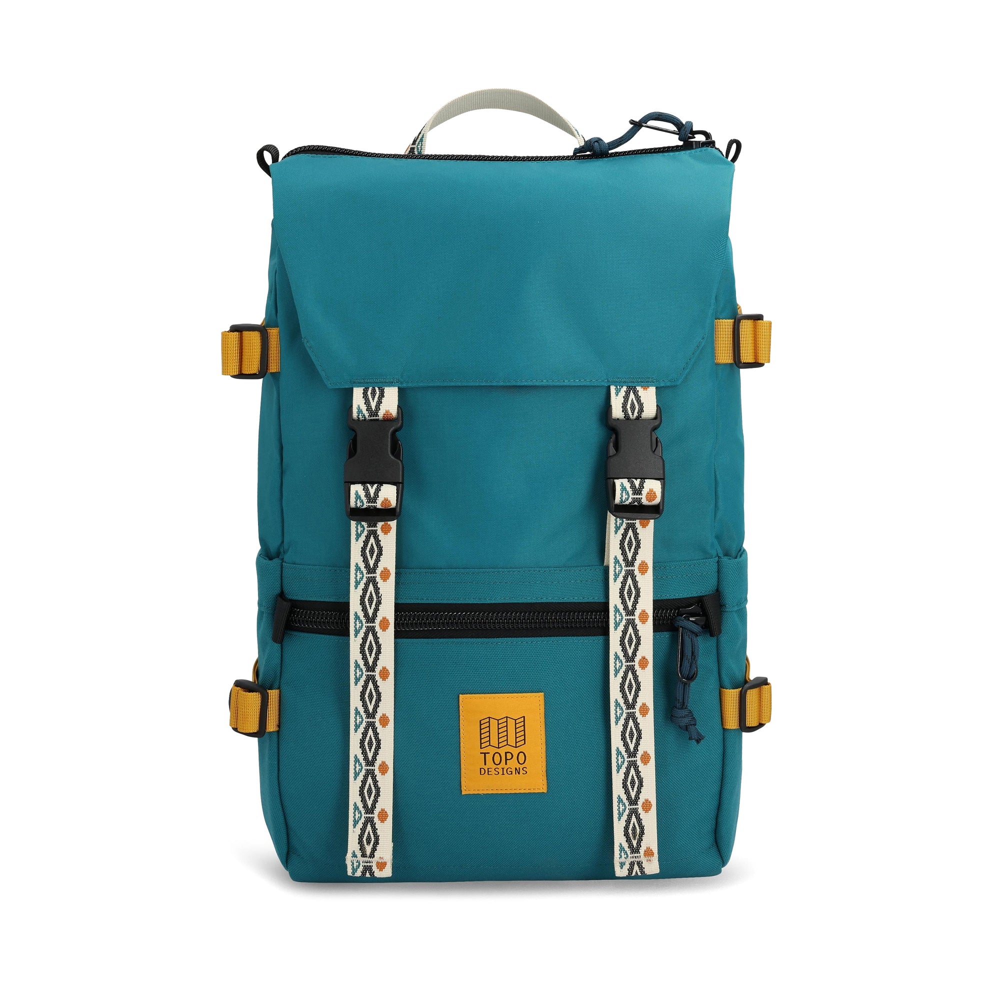 Teal outdoor backpack with fold-over top, geometric patterned straps and orange buckle details