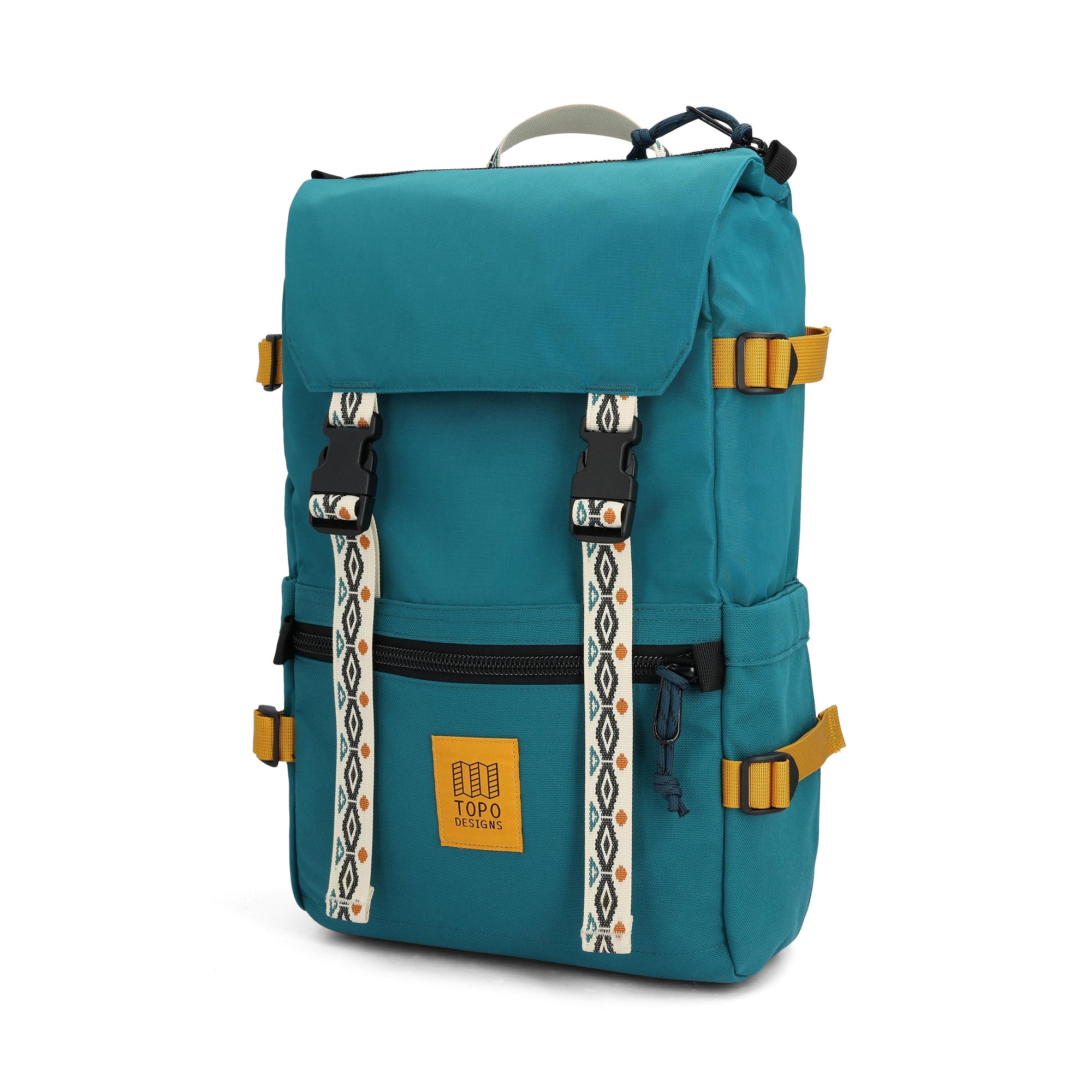 Teal backpack with flap closure, yellow straps, and patterned webbing details on white background