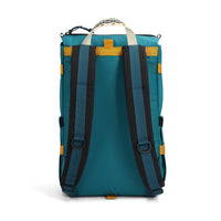 Teal backpack with orange accents shown from back, displaying padded shoulder straps and handle