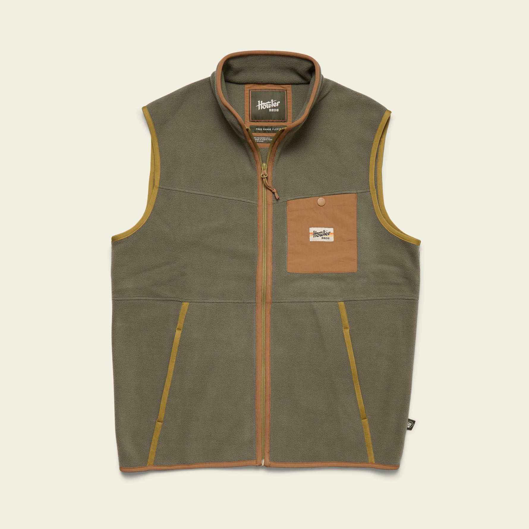 Olive green fleece vest with full zip, contrast trim, and snap-button chest pocket, flat front view