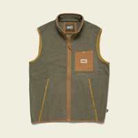 Olive green fleece vest with full zip, contrast trim, and snap-button chest pocket, flat front view