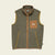 Olive green fleece vest with full zip, contrast trim, and snap-button chest pocket, flat front view