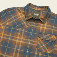 Men's plaid flannel shirt with snap buttons, chest pocket, and spread collar, angled flat lay view