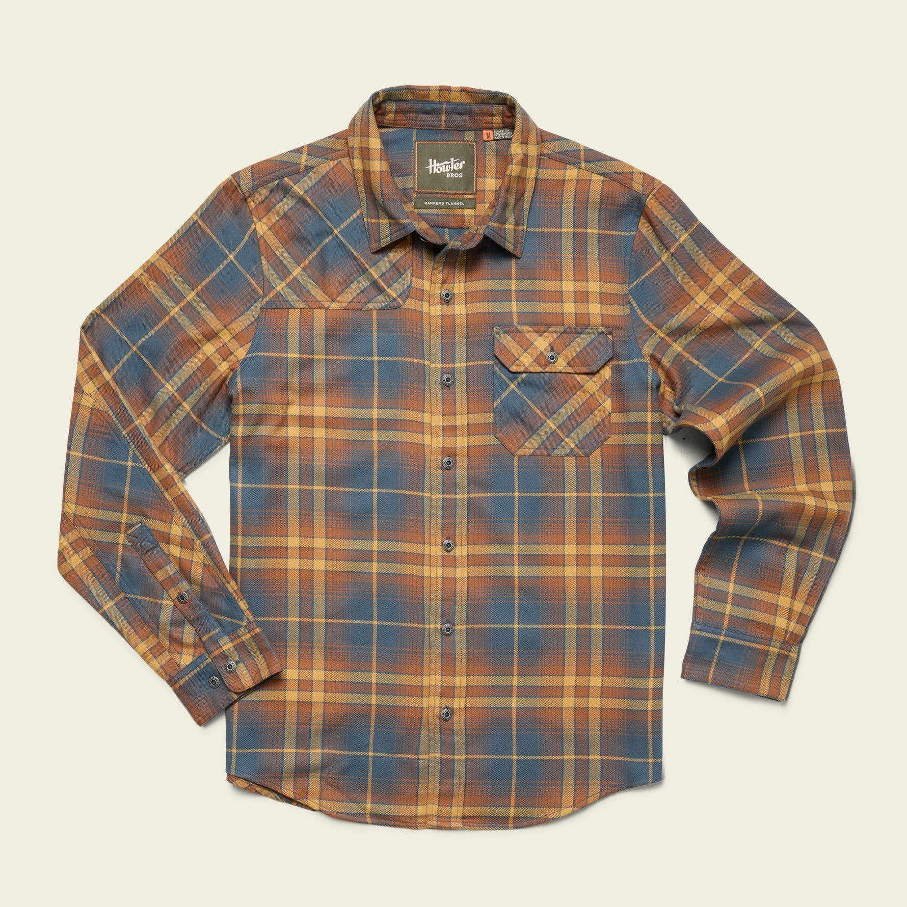 Men's long-sleeve plaid flannel shirt with chest pocket, flat lay front view