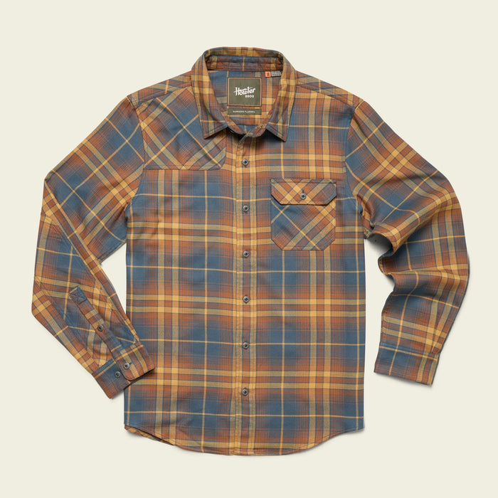 Men's long-sleeve plaid flannel shirt with chest pocket, flat lay front view