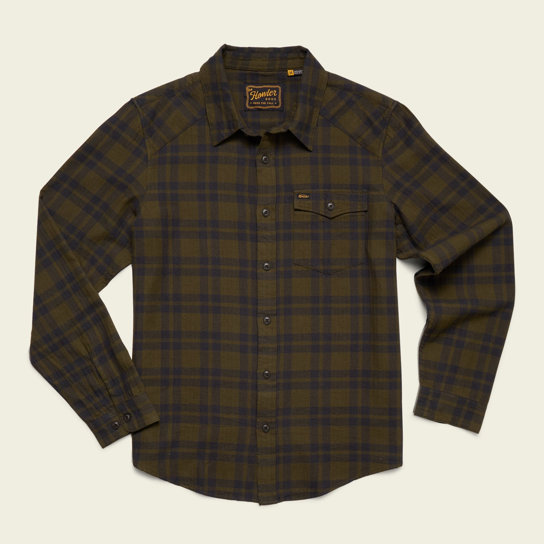 Men's long-sleeve plaid flannel shirt with button front, chest pocket, and spread collar, flat lay view
