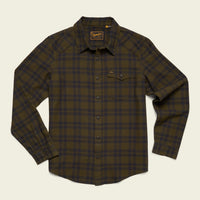 Men's long-sleeve plaid flannel shirt with button front, chest pocket, and spread collar, flat lay view