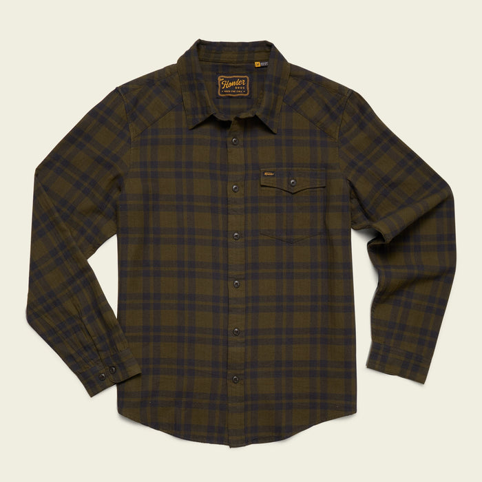 Men's long-sleeve plaid flannel shirt with button front, chest pocket, and spread collar, flat lay view