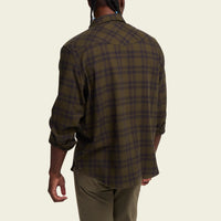 Men's plaid flannel shirt back view, dark olive tartan pattern, long sleeves rolled at cuffs