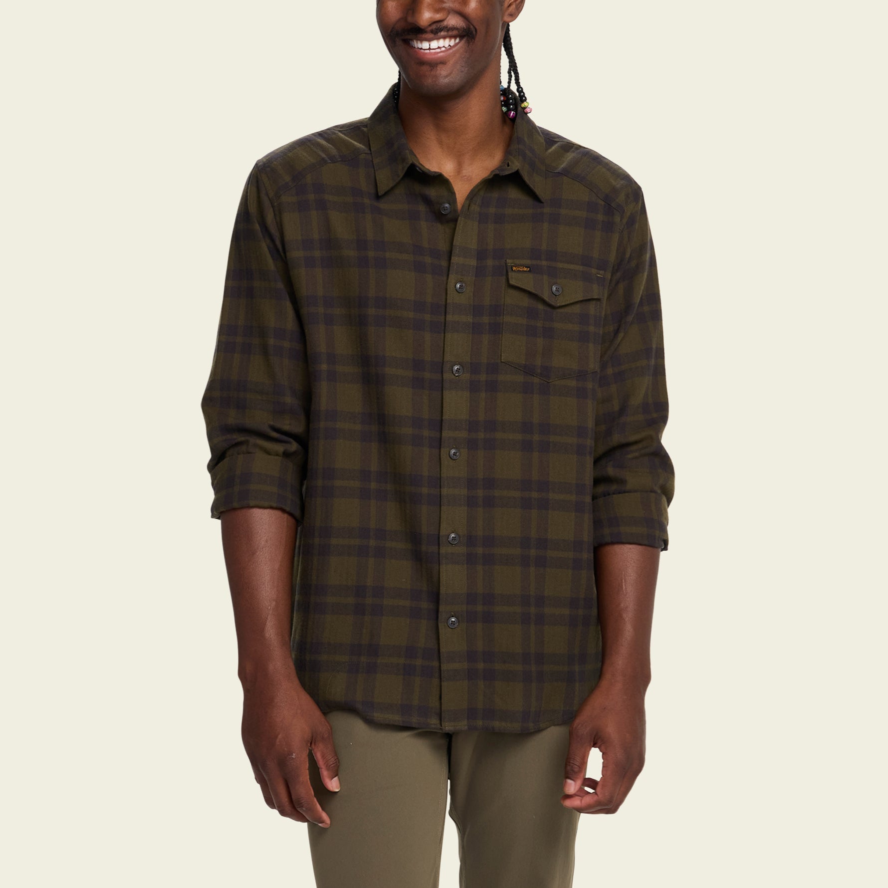 Men's long-sleeve plaid flannel shirt in dark olive, front view, with chest pocket