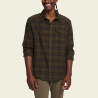 Men's long-sleeve plaid flannel shirt in dark olive, front view, with chest pocket