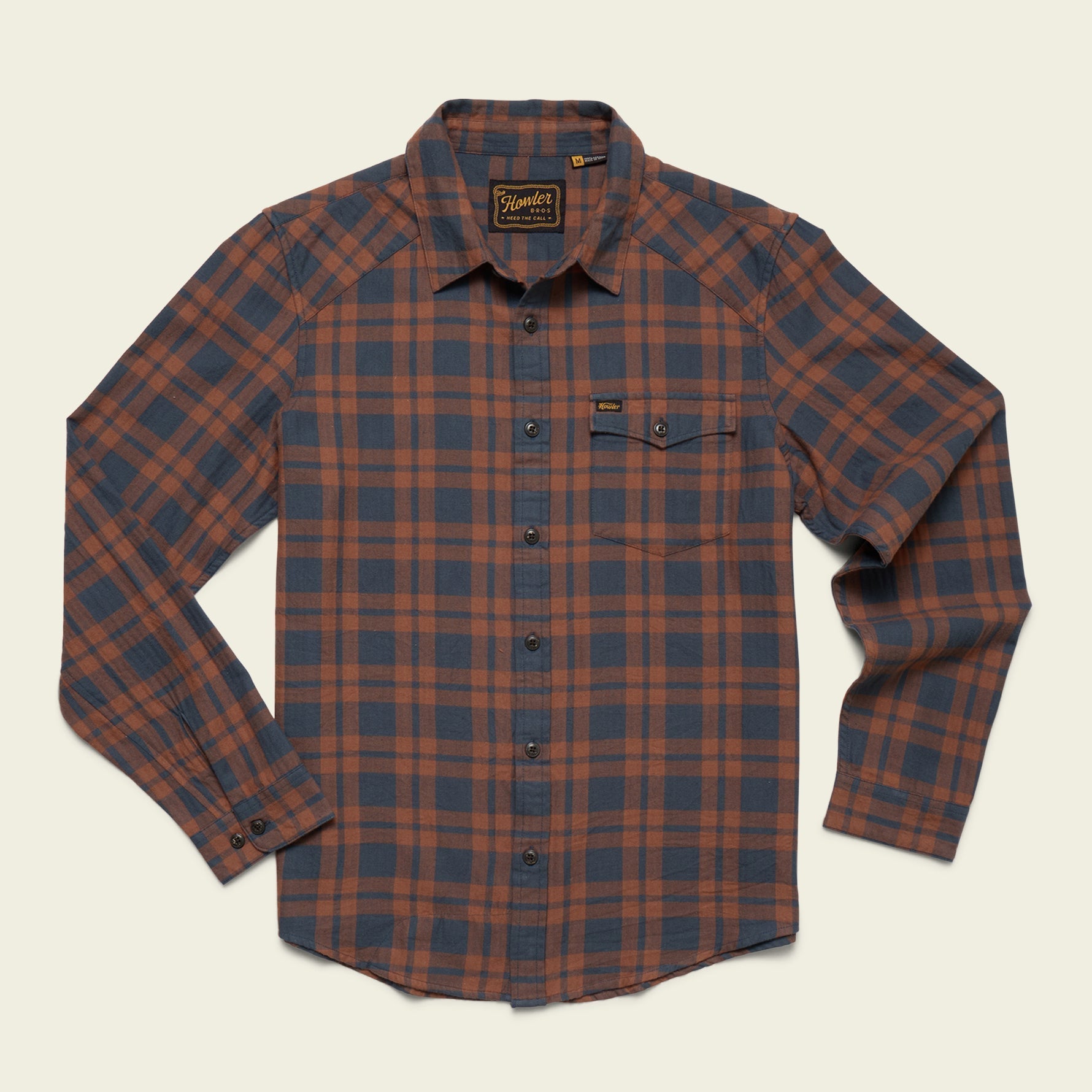 Men's long-sleeve plaid flannel shirt with chest pocket and button front, flat lay view