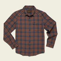 Men's long-sleeve plaid flannel shirt with chest pocket and button front, flat lay view