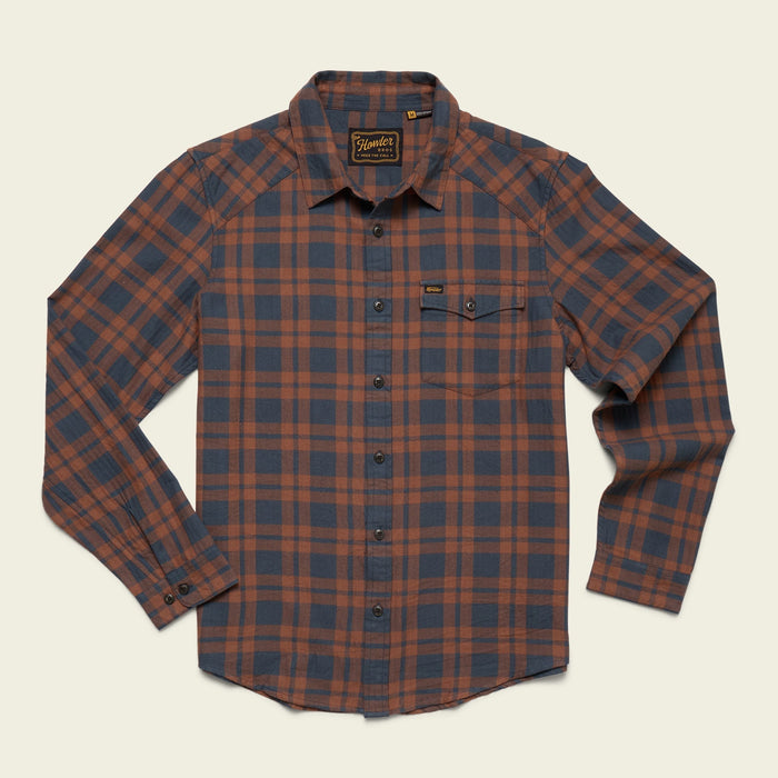 Men's long-sleeve plaid flannel shirt with chest pocket and button front, flat lay view