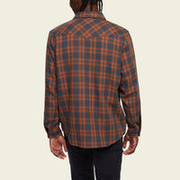 Men's plaid flannel shirt in orange and gray check, back view on model