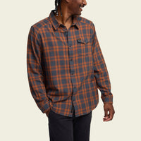 Men's long-sleeve plaid flannel shirt in gray and rust, button-front with chest pocket, front view