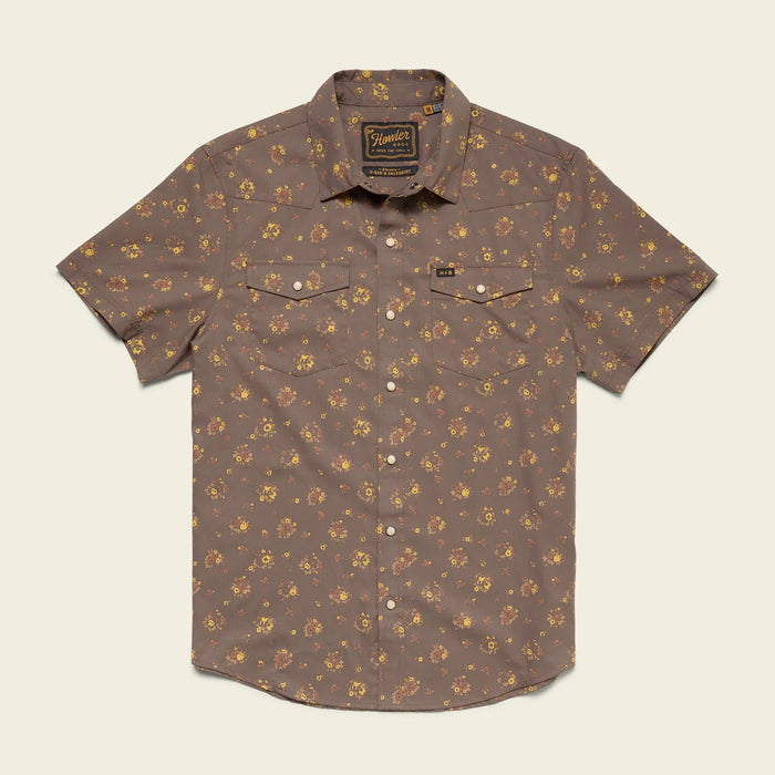 Men's short-sleeve western snap shirt in brown floral print, flat lay front view with two chest pockets