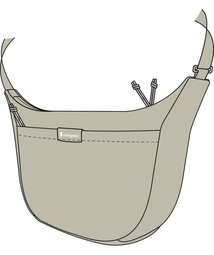 Crescent-shaped crossbody bag with curved shoulder strap and front pocket, side view
