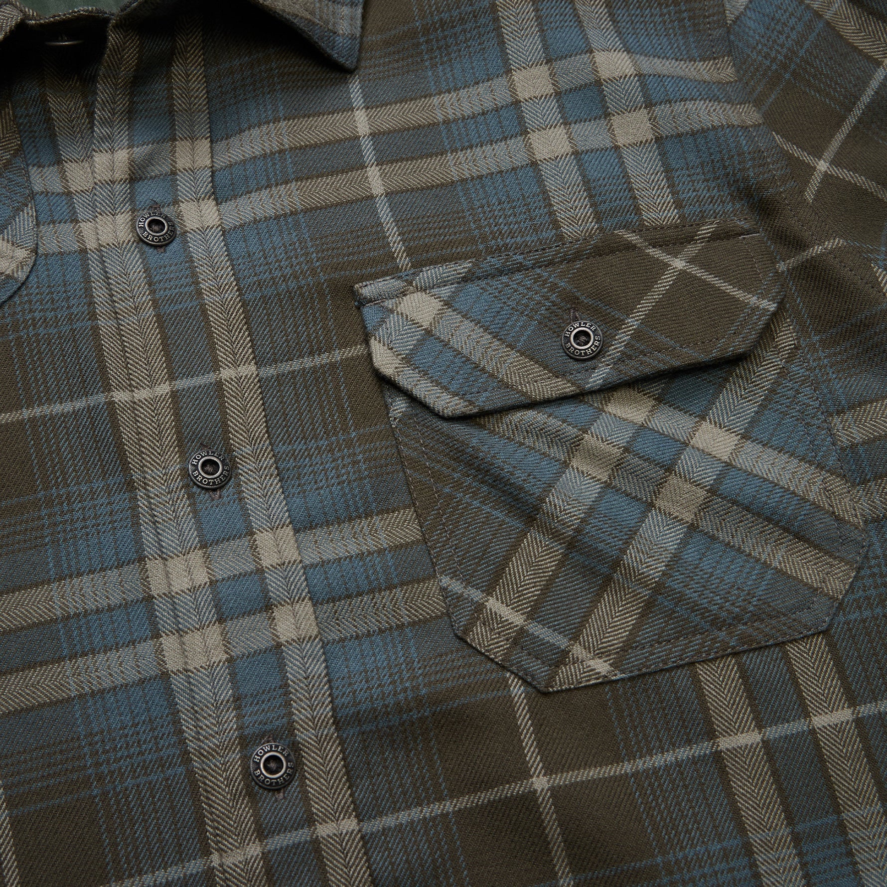 Close-up detail of plaid flannel shirt showing chest pocket, snap buttons, and herringbone weave texture