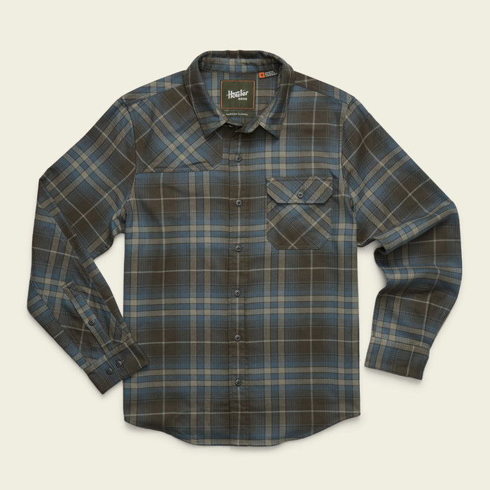 Men's long-sleeve plaid flannel shirt with chest pocket and button front, flat lay view