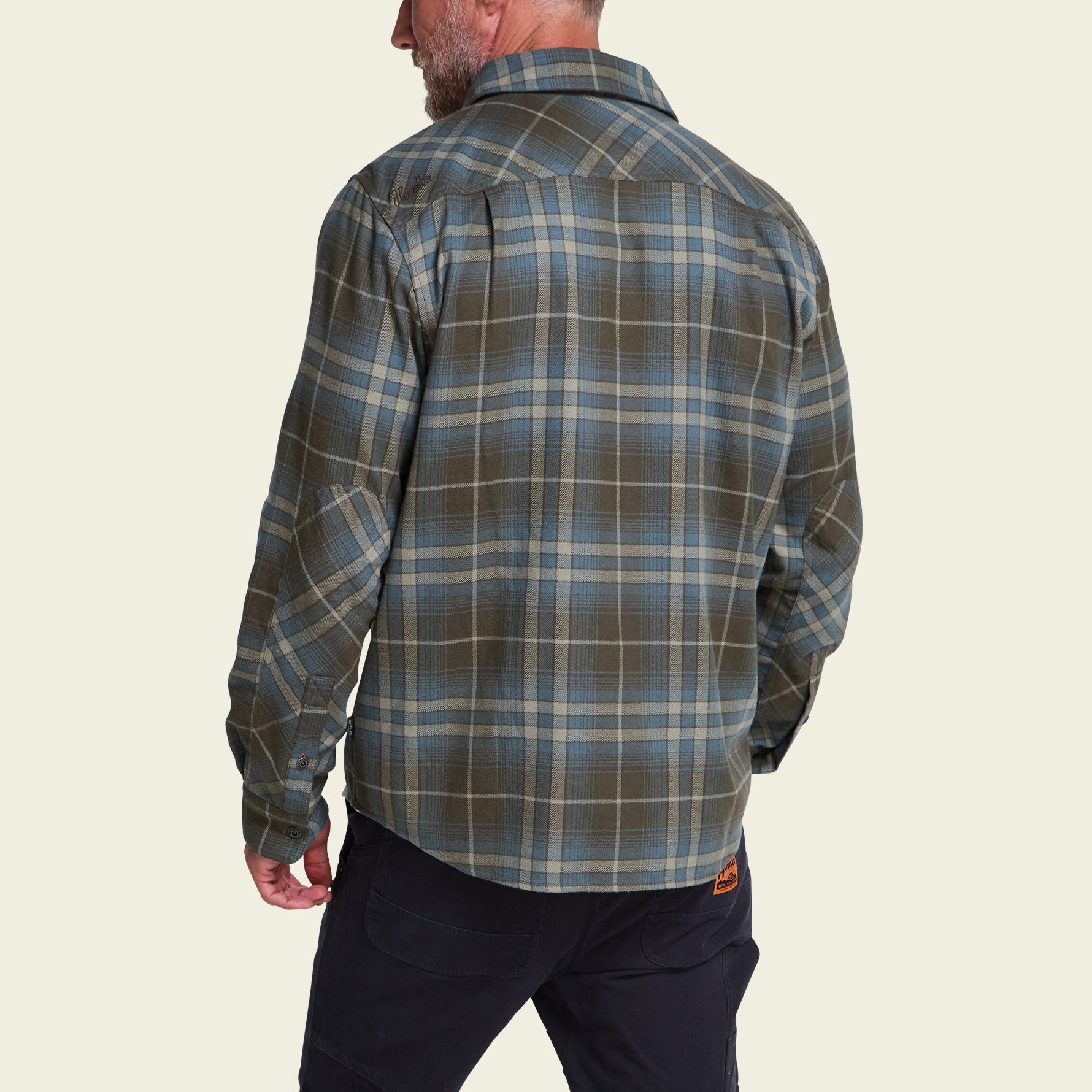 Men's plaid flannel shirt, back view, olive green and blue tartan pattern, long sleeve