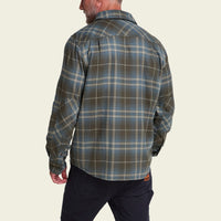 Men's plaid flannel shirt, back view, olive green and blue tartan pattern, long sleeve