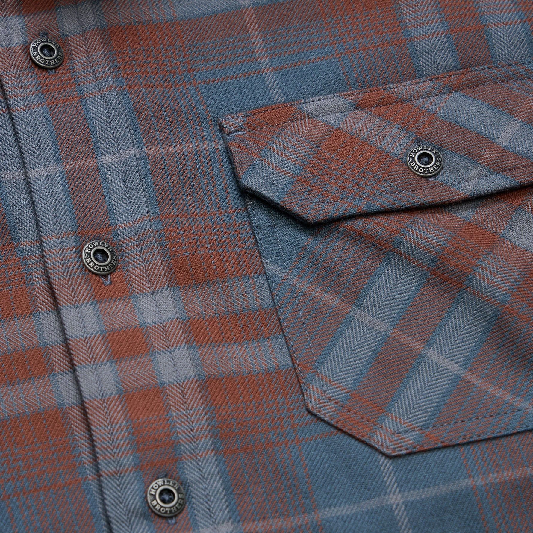 Close-up detail of plaid flannel shirt chest pocket with branded snap buttons
