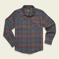 Men's long-sleeve plaid flannel shirt with chest pocket, flat lay front view