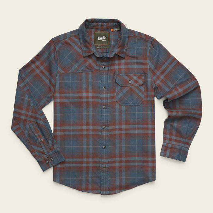 Men's long-sleeve plaid flannel shirt with chest pocket, flat lay front view