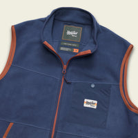 Men's fleece vest with full zip, chest pocket, and contrasting orange trim, angled front view