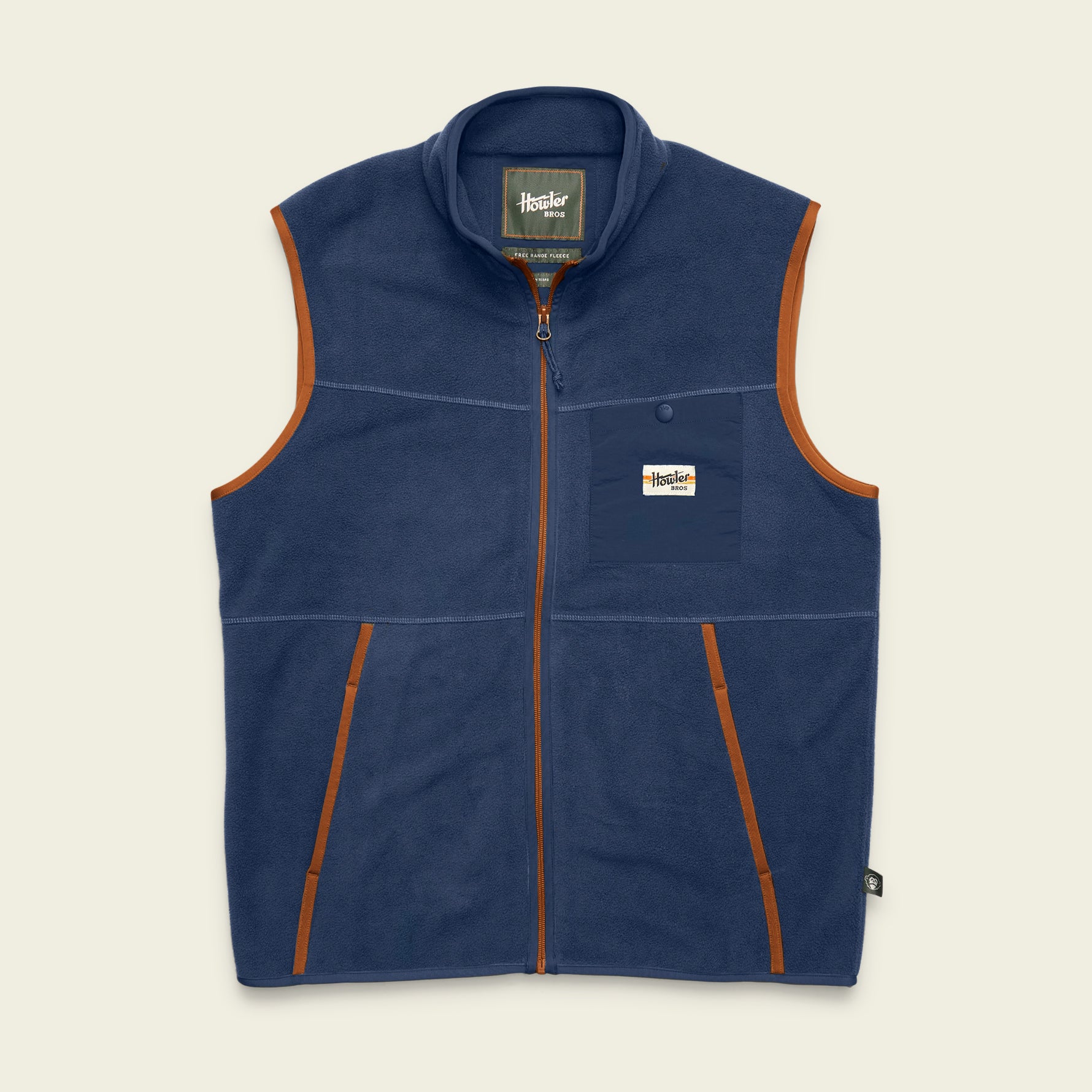Men's fleece vest with full zip, chest pocket, and brown contrast trim, flat front view