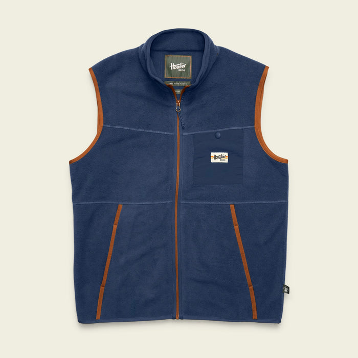 Men's fleece vest with full zip, chest pocket, and brown contrast trim, flat front view
