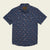 Men's short-sleeve snap-button shirt in navy with scattered floral print, flat front view