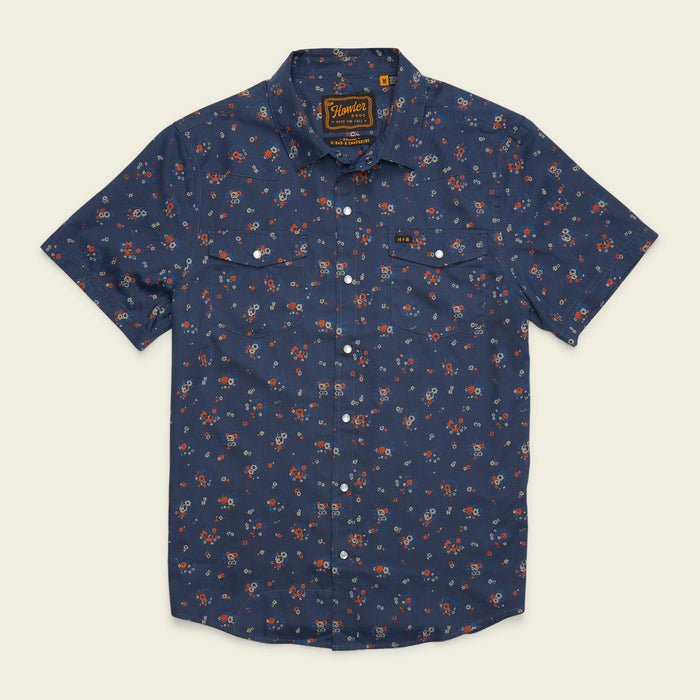 Men's short-sleeve snap-button shirt in navy with scattered floral print, flat front view
