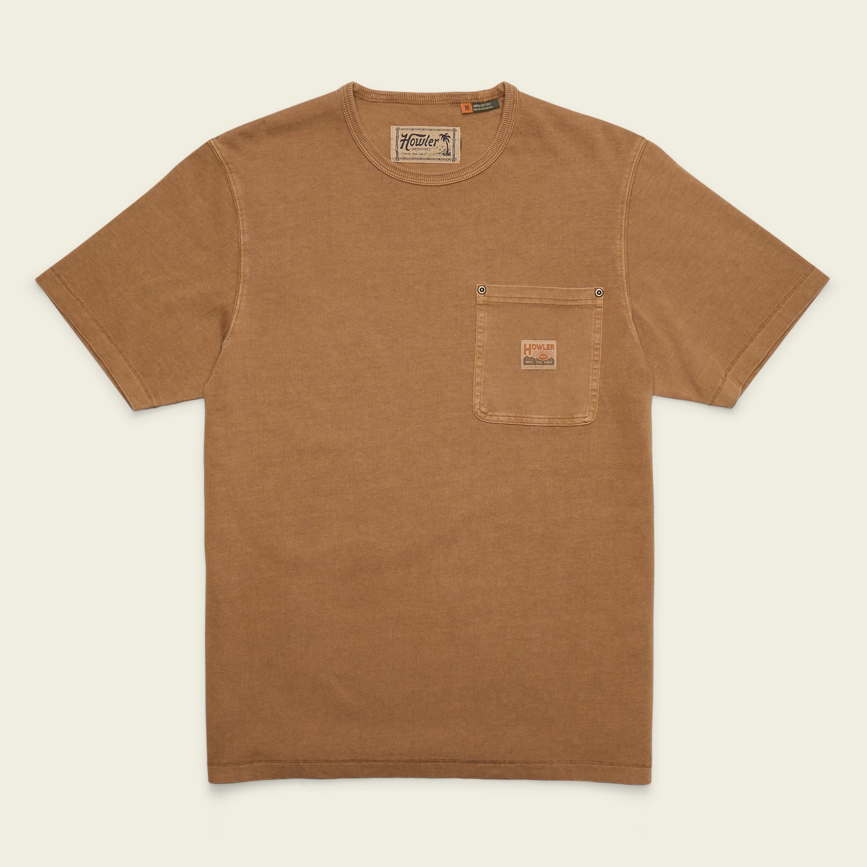 Men's short-sleeve pocket t-shirt in warm brown, flat lay front view with chest pocket