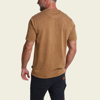 Men's short-sleeve brown t-shirt, back view, worn with dark work pants
