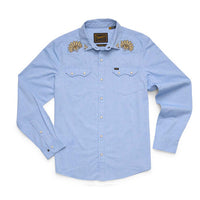 Light blue long-sleeve western shirt with gold floral embroidery on collar and snap buttons, front view