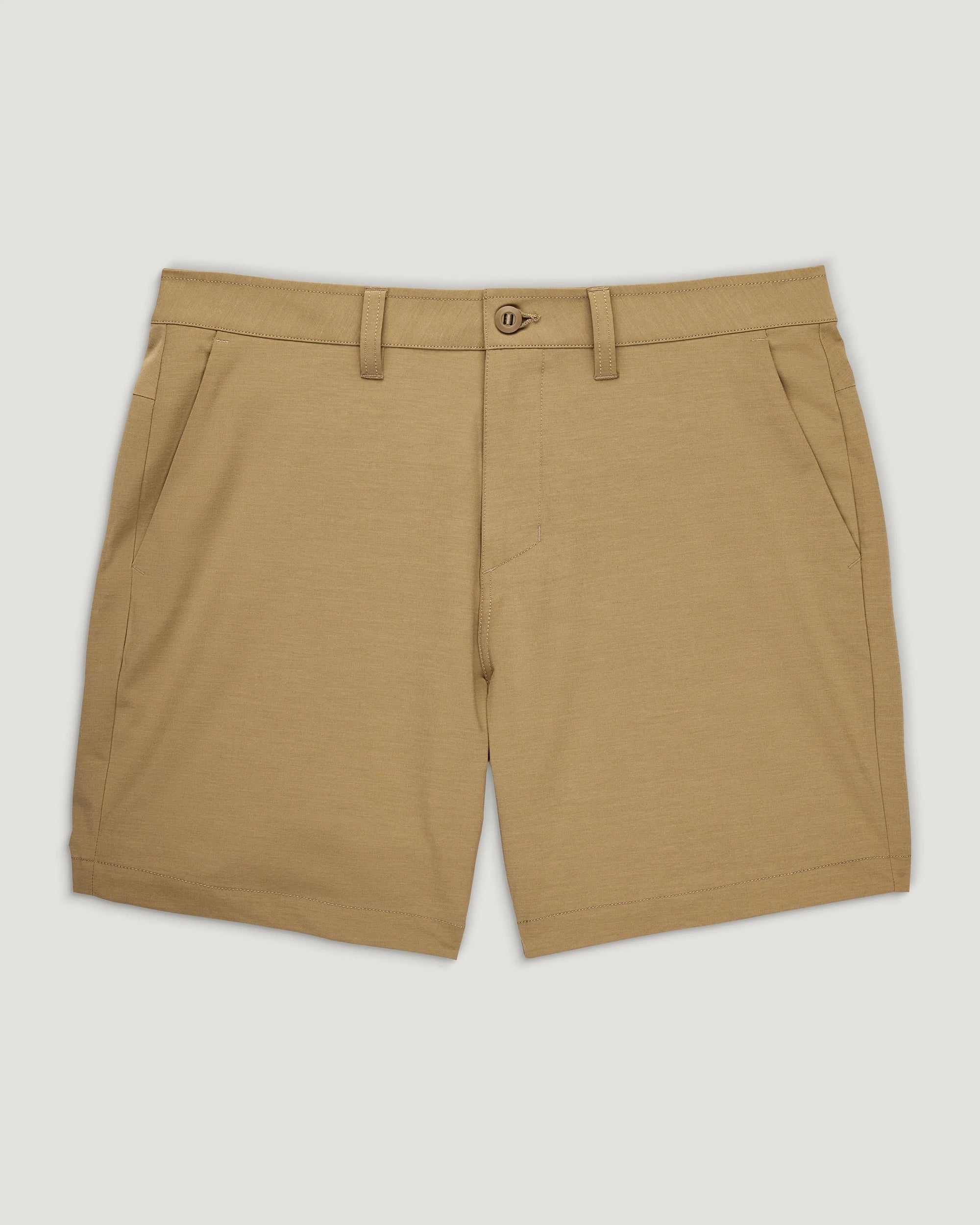 Khaki colored men's hybrid shorts with button closure and side pockets, flat lay view