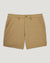 Khaki colored men's hybrid shorts with button closure and side pockets, flat lay view