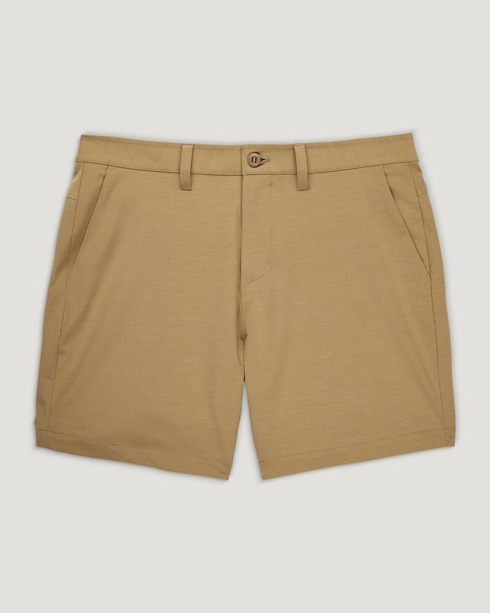 Khaki colored men's hybrid shorts with button closure and side pockets, flat lay view