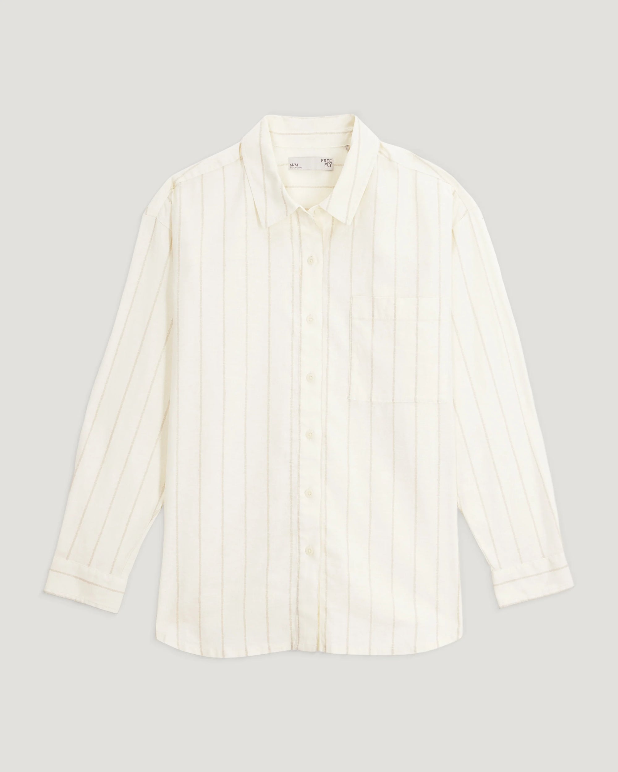 Off-white button-up shirt with vertical stripes, long sleeves, front view on neutral background