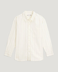 Off-white button-up shirt with vertical stripes, long sleeves, front view on neutral background
