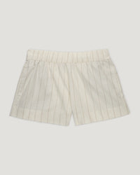 Light cream shorts with vertical pinstripe pattern and elastic waistband, flat lay view