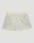 Light cream shorts with vertical pinstripe pattern and elastic waistband, flat lay view